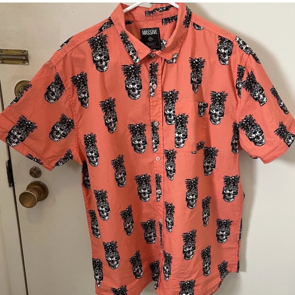 Pineapple Skull Button Down Shirt XL Coral Tropical Novelty Vacation Party - Picture 2 of 16